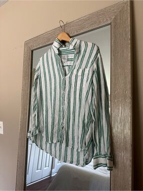 RAILS Green And White Striped Button Down Linen Blend Blouse Size Medium